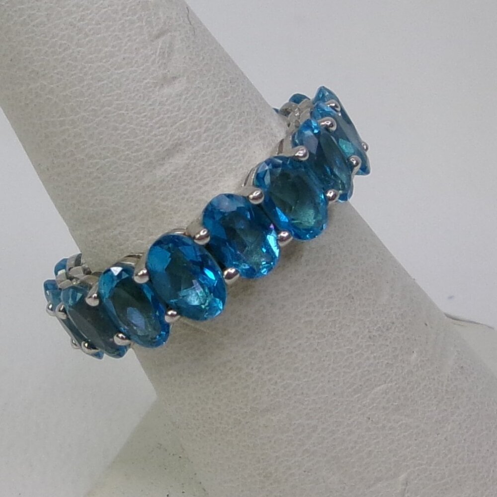 Sterling Silver Oval Blue Topaz Eternity‎ Band Ring Size 7